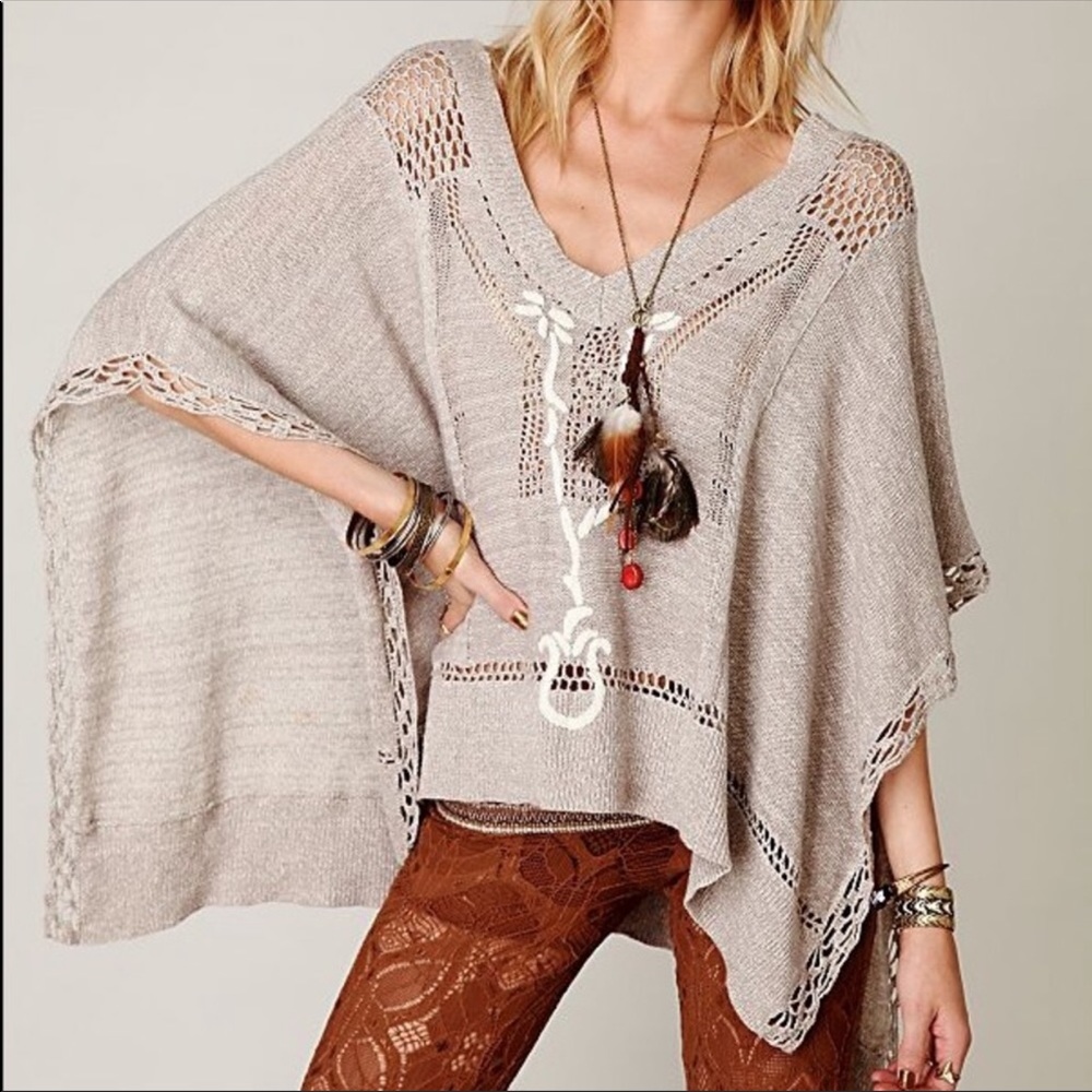 Free People Kona Pointelle Crochet Tan Knit Poncho - Picture 8 of 8